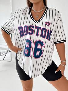 Flirla Hơn Đồ họa sọc & chữ Áo thun Thả vai & Quần short đi xe - trắng - Xem 7