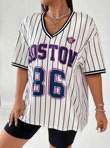 Flirla Hơn Đồ họa sọc & chữ Áo thun Thả vai & Quần short đi xe - trắng - Xem 6