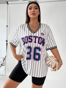 Flirla Hơn Đồ họa sọc & chữ Áo thun Thả vai & Quần short đi xe - trắng - Xem 5