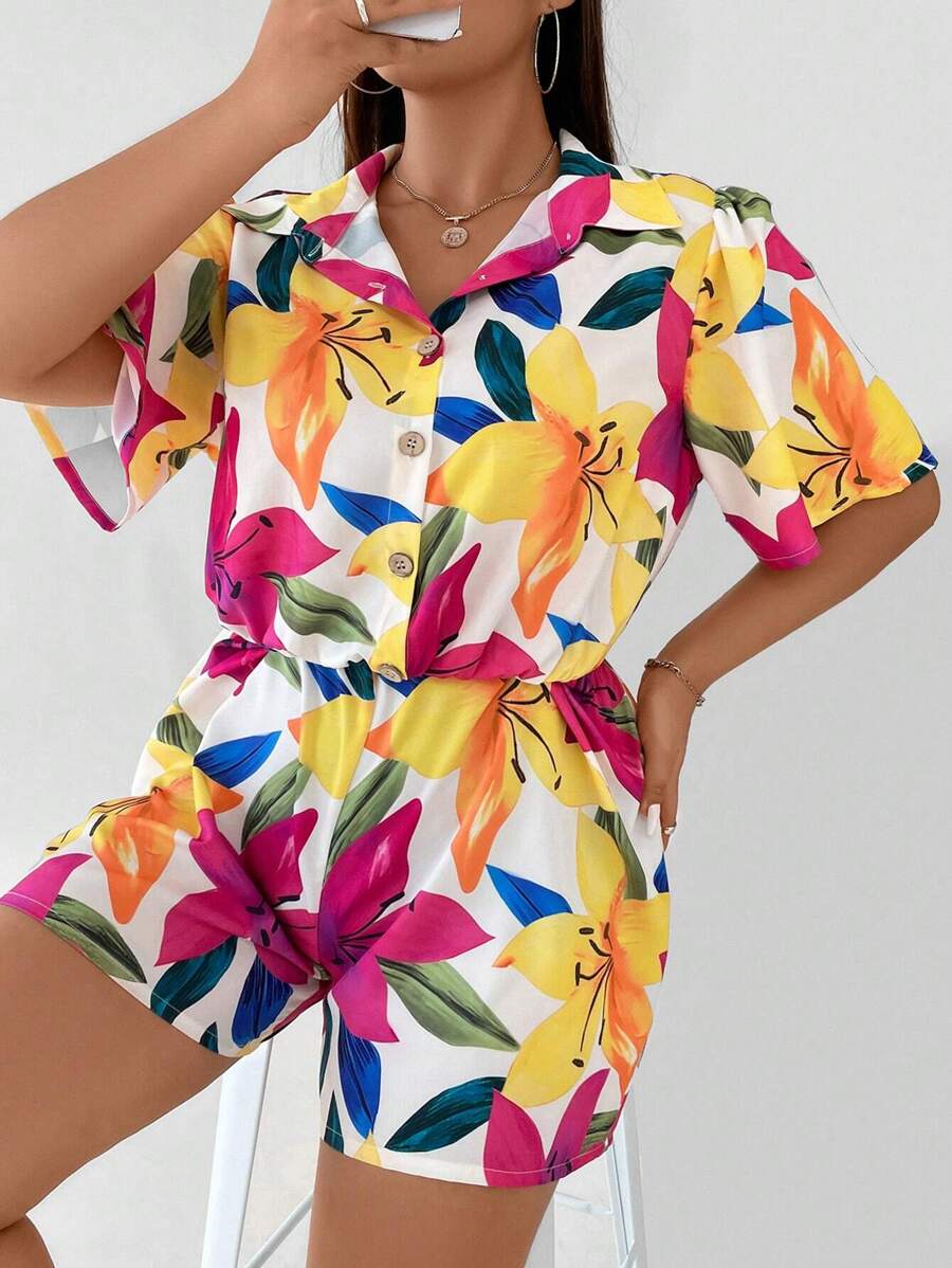SHEIN Clasi Plus Floral Print Shirt Romper - Multicolor - View 1