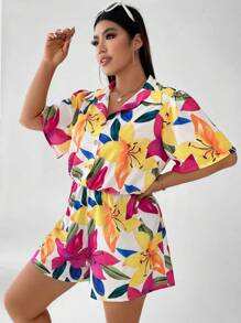 SHEIN Clasi Plus Floral Print Shirt Romper - Multicolor - View 3