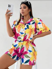 SHEIN Clasi Plus Floral Print Shirt Romper - Multicolor - View 4