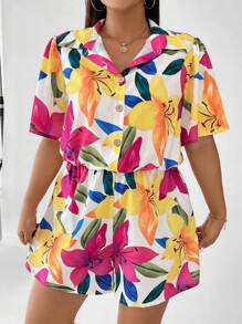 SHEIN Clasi Plus Floral Print Shirt Romper - Multicolor - View 6