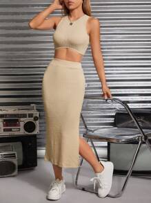 SHEIN PETITE 素色短款背心&高衩半身裙 - 卡其色 - 查看 1