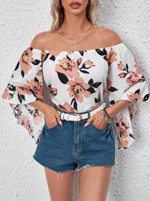 SHEIN LUNE In hoa Off Shoulder tay áo lá sen Áo sơ mi - Nhiều màu - Xem 2