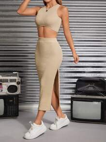 SHEIN PETITE 素色短款背心&高衩半身裙 - 卡其色 - 查看 3