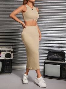 SHEIN PETITE 素色短款背心&高衩半身裙 - 卡其色 - 查看 4
