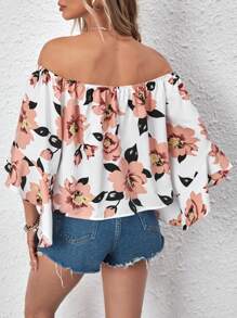 SHEIN LUNE In hoa Off Shoulder tay áo lá sen Áo sơ mi - Nhiều màu - Xem 3