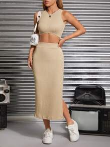 SHEIN PETITE 素色短款背心&高衩半身裙 - 卡其色 - 查看 5