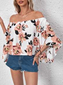 SHEIN LUNE In hoa Off Shoulder tay áo lá sen Áo sơ mi - Nhiều màu - Xem 4