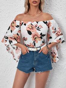 SHEIN LUNE In hoa Off Shoulder tay áo lá sen Áo sơ mi - Nhiều màu - Xem 5