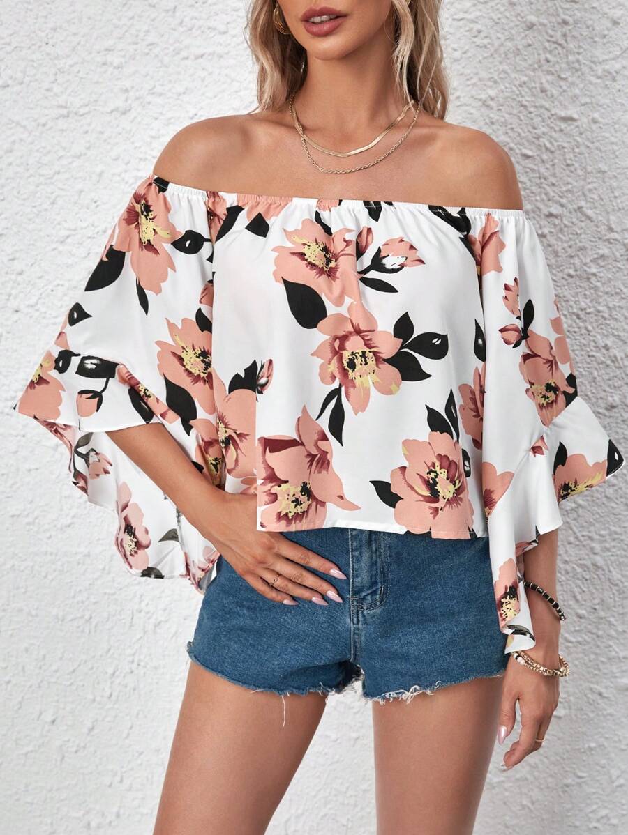 SHEIN LUNE In hoa Off Shoulder tay áo lá sen Áo sơ mi - Nhiều màu - Xem 1