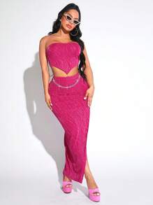 SHEIN SXY Viền không đối xứng Ống ngọn & Chi tiết chuỗi Tách đùi Váy - Màu Hồng Tươi - Xem 5