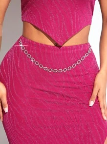 SHEIN SXY Viền không đối xứng Ống ngọn & Chi tiết chuỗi Tách đùi Váy - Màu Hồng Tươi - Xem 6