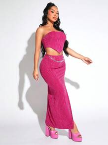 SHEIN SXY Viền không đối xứng Ống ngọn & Chi tiết chuỗi Tách đùi Váy - Màu Hồng Tươi - Xem 1