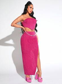 SHEIN SXY Viền không đối xứng Ống ngọn & Chi tiết chuỗi Tách đùi Váy - Màu Hồng Tươi - Xem 7