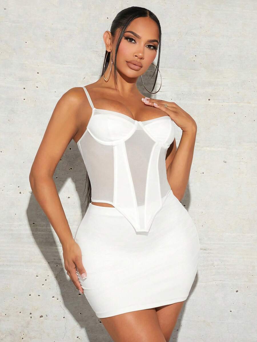 SHEIN SXY 不對稱下擺緊身吊帶&包臀半身裙 - 白色 - 查看 1