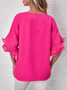 SHEIN LUNE Chất rắn tay cánh Viền Ruffle Áo sơ mi - Màu Hồng Tươi - Xem 4