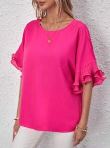 SHEIN LUNE Chất rắn tay cánh Viền Ruffle Áo sơ mi - Màu Hồng Tươi - Xem 5