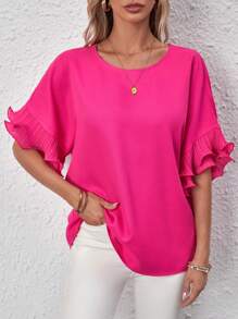 SHEIN LUNE Chất rắn tay cánh Viền Ruffle Áo sơ mi - Màu Hồng Tươi - Xem 2