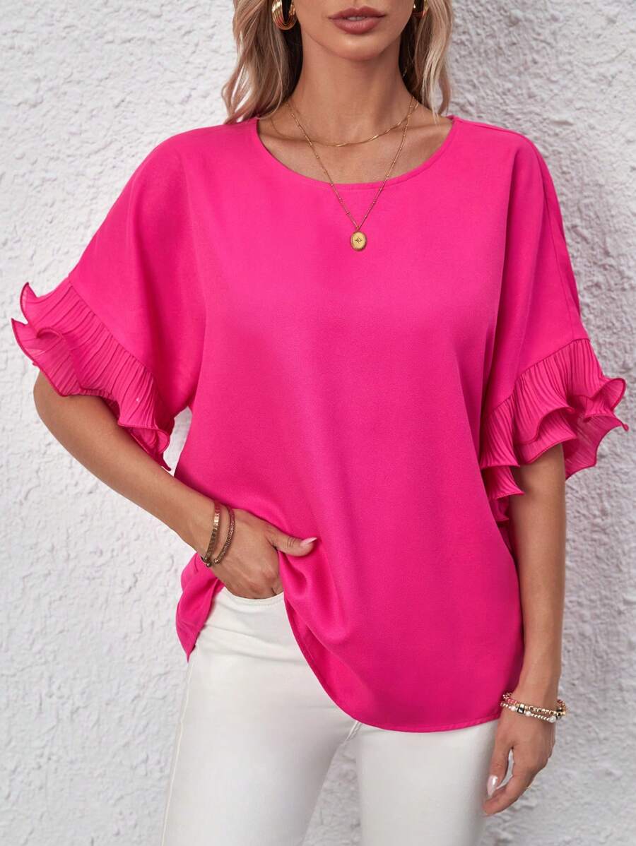 SHEIN LUNE 素色蝙蝠袖荷葉邊襯衫