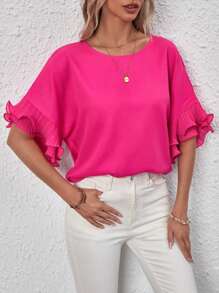 SHEIN LUNE Chất rắn tay cánh Viền Ruffle Áo sơ mi - Màu Hồng Tươi - Xem 6