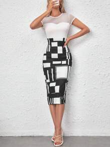 SHEIN LUNE In Địa lý Lưới tương phản Váy bodycon - Đen và trắng - Xem 1