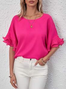 SHEIN LUNE Chất rắn tay cánh Viền Ruffle Áo sơ mi - Màu Hồng Tươi - Xem 7