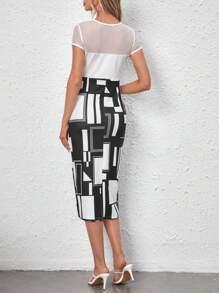 SHEIN LUNE In Địa lý Lưới tương phản Váy bodycon - Đen và trắng - Xem 2