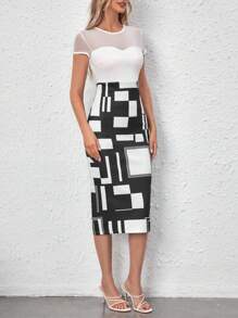 SHEIN LUNE In Địa lý Lưới tương phản Váy bodycon - Đen và trắng - Xem 3