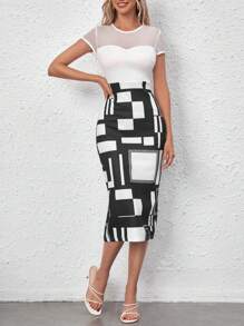 SHEIN LUNE In Địa lý Lưới tương phản Váy bodycon - Đen và trắng - Xem 4