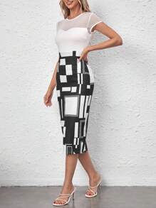 SHEIN LUNE In Địa lý Lưới tương phản Váy bodycon - Đen và trắng - Xem 5