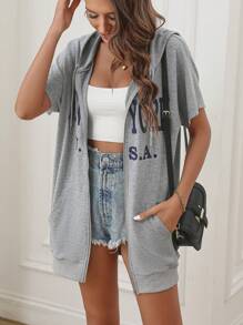 SHEIN LUNE Đồ họa Chữ cái Dây kéo Dây rút Áo nỉ có mũ - Xám - Xem 1