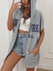 SHEIN LUNE Đồ họa Chữ cái Dây kéo Dây rút Áo nỉ có mũ - Xám - Xem 6