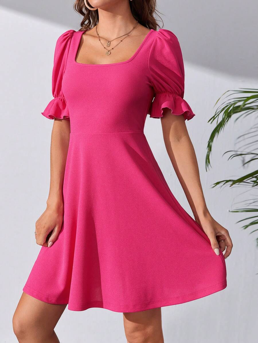 SHEIN Tall Square Neck Puff Sleeve A-line Dress - Hot Pink - View 1