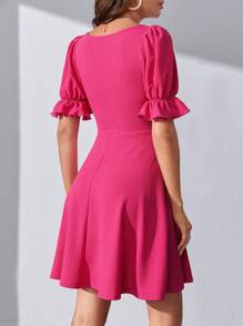 SHEIN Tall Square Neck Puff Sleeve A-line Dress - Hot Pink - View 2