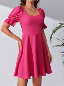 SHEIN Tall Square Neck Puff Sleeve A-line Dress - Hot Pink - View 5