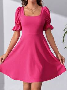 SHEIN Tall Square Neck Puff Sleeve A-line Dress - Hot Pink - View 6