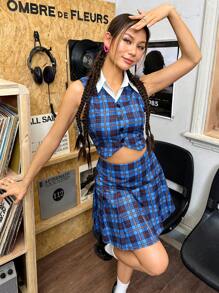 SHEIN Unity Plaid Print Button Front Tank Top & Ruffle Hem Skirt - Blue - View 5