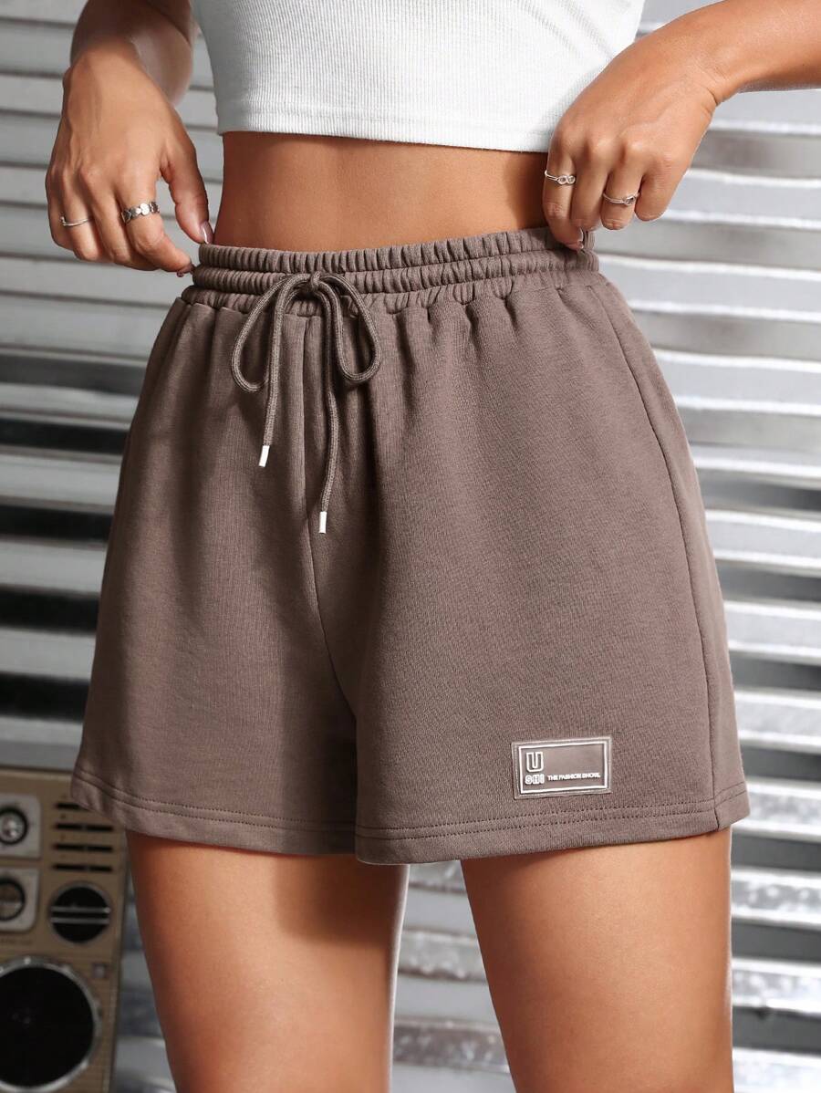 SHEIN PETITE Letter Patched Drawstring Waist Track Shorts - Mocha Brown - View 1
