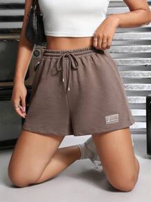 SHEIN PETITE Letter Patched Drawstring Waist Track Shorts - Mocha Brown - View 2