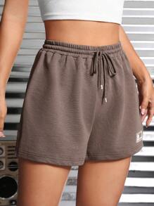 SHEIN PETITE Letter Patched Drawstring Waist Track Shorts - Mocha Brown - View 3