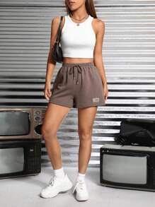 SHEIN PETITE Letter Patched Drawstring Waist Track Shorts - Mocha Brown - View 4