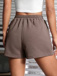 SHEIN PETITE Letter Patched Drawstring Waist Track Shorts - Mocha Brown - View 5