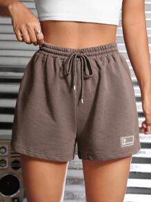 SHEIN PETITE Letter Patched Drawstring Waist Track Shorts - Mocha Brown - View 6