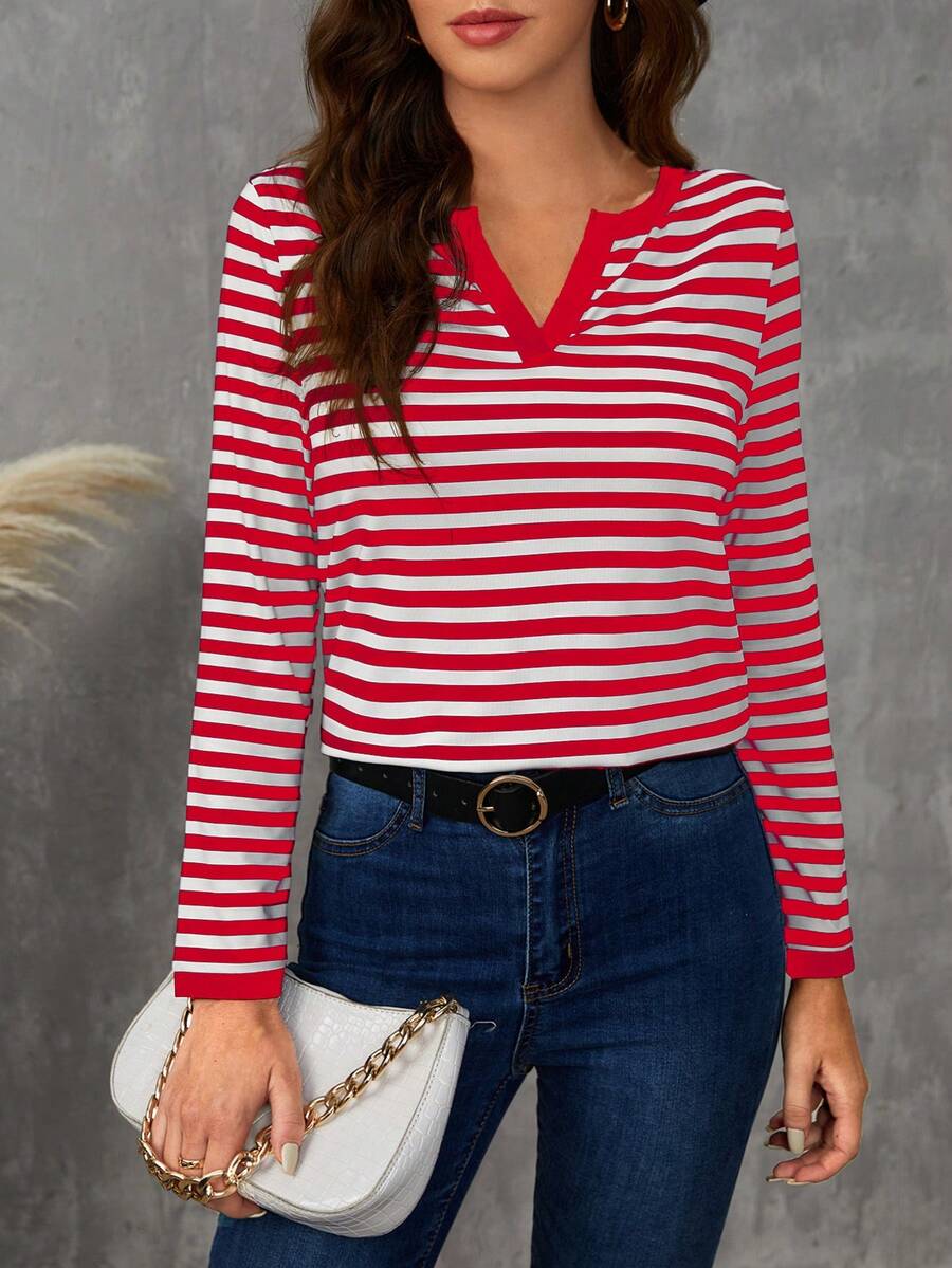 SHEIN LUNE 條紋圖案缺口領T恤 - 酒紅色 - 查看 1