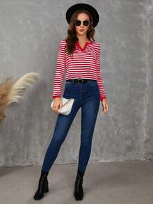 SHEIN LUNE 條紋圖案缺口領T恤 - 酒紅色 - 查看 5