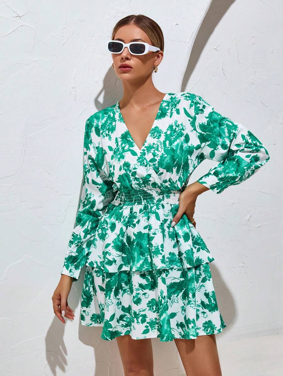 SHEIN VCAY Floral Print Surplice Neck Ruffle Hem Dress - White - View 1