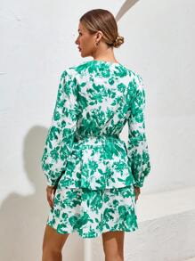 SHEIN VCAY Floral Print Surplice Neck Ruffle Hem Dress - White - View 2