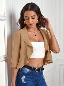 SHEIN Clasi 荷葉邊開門襟短夾克 - 駝色 - 查看 4